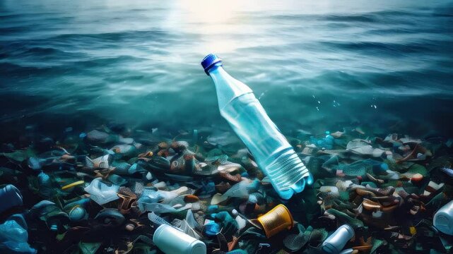 Plastic bottle floating in the water next to trash