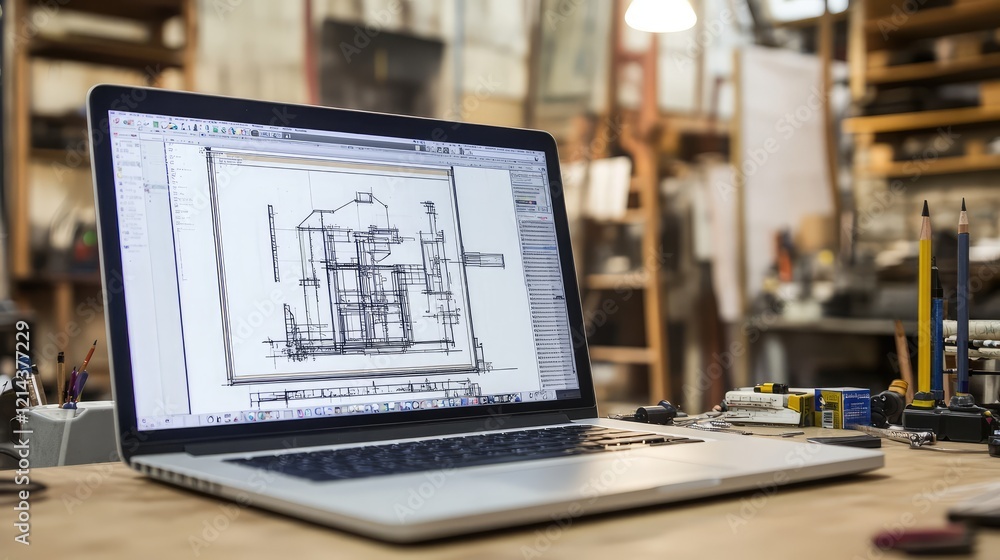 Poster close-up of an open laptop running cad software, surrounded by clean space for overlay designs.