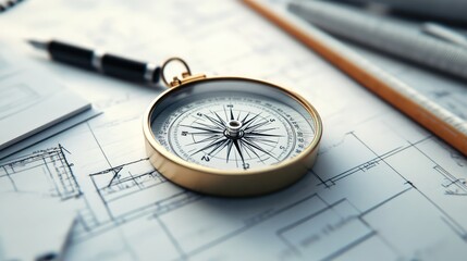 Close-up of a compass and sketch on blueprint paper, surrounded by bright space for design elements.
