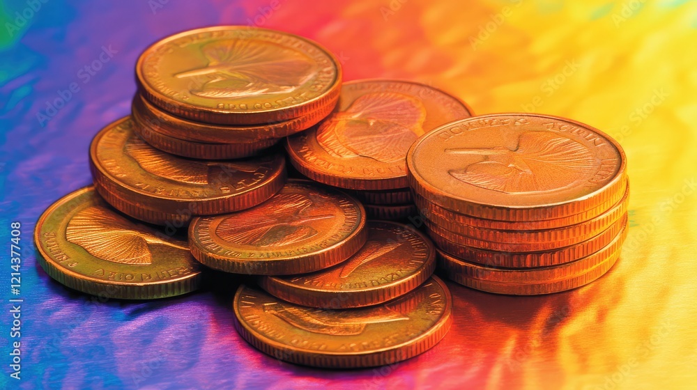 Aufkleber close-up of a pile of coins stacked on a glossy surface with a clean gradient background.