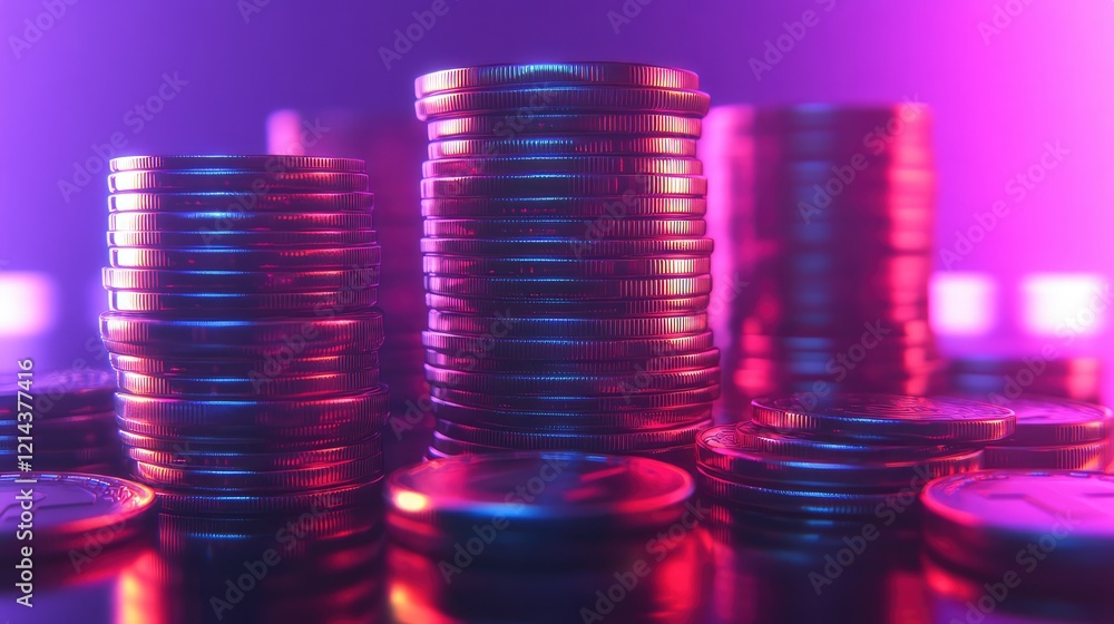 Poster close-up of a pile of coins stacked on a glossy surface with a clean gradient background.