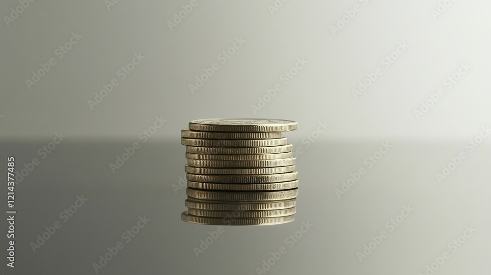 Poster close-up of a stack of blank currency notes and coins on a reflective surface with ample copy space.