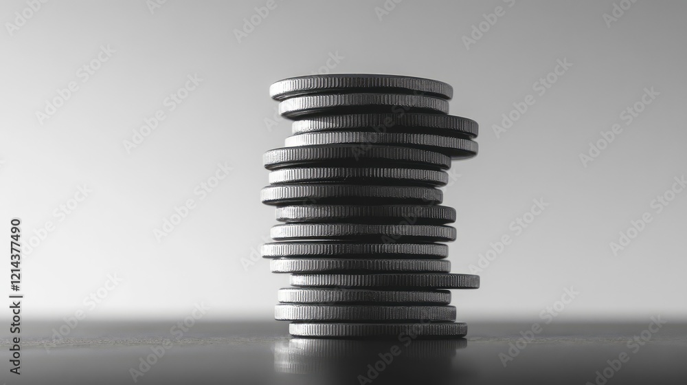 Aufkleber close-up of a pile of coins stacked on a glossy surface with a clean gradient background.