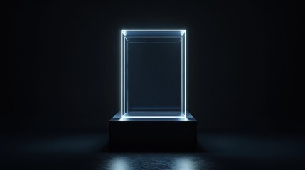 Illuminated glass cube on dark stand, empty interior, dark background; product display