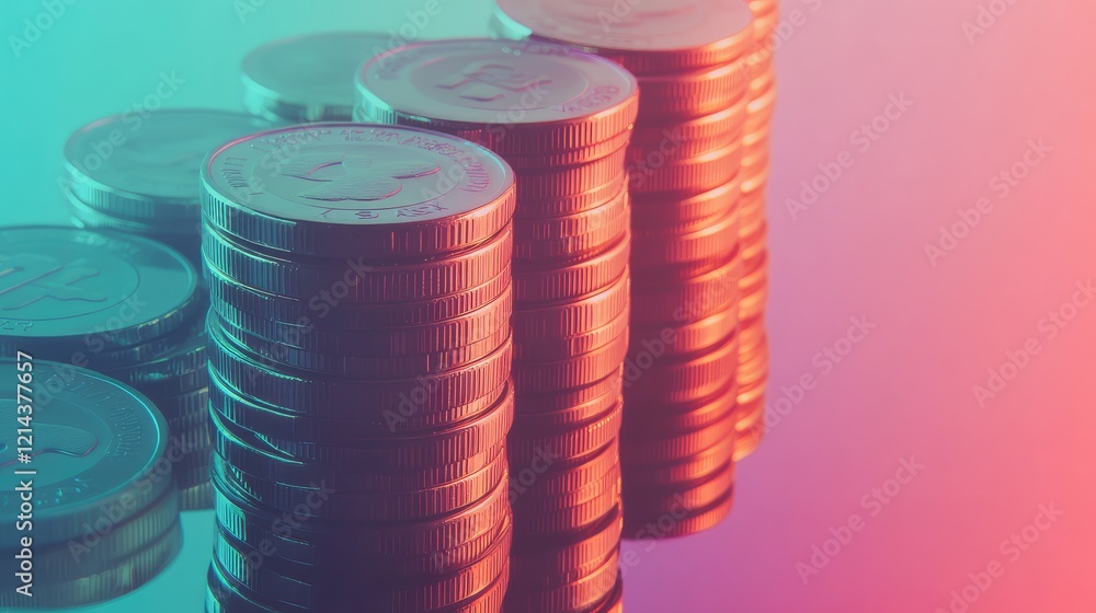 Poster close-up of coins stacked in columns on a clean reflective surface with a gradient background.