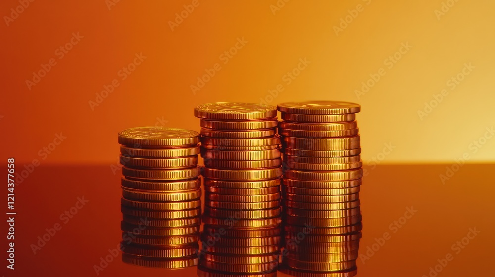 Poster close-up of coins stacked in columns on a clean reflective surface with a gradient background.