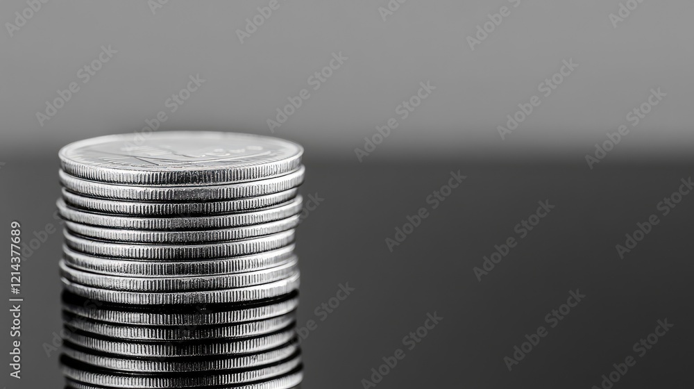 Poster close-up of coins stacked in columns on a clean reflective surface with a gradient background.