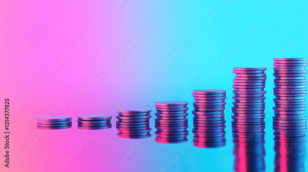 Poster close-up of stacked coins arranged neatly on a reflective surface with a bright gradient background.
