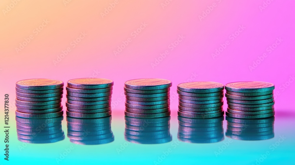 Poster close-up of stacked coins arranged neatly on a reflective surface with a bright gradient background.