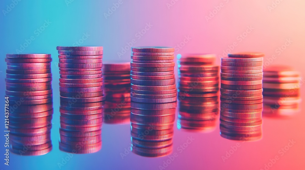 Poster close-up of stacked coins arranged neatly on a reflective surface with a bright gradient background.