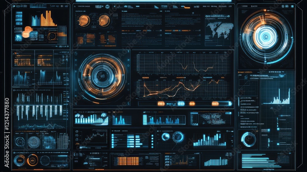 Poster digital interface screen with futuristic glowing lines and wide space for text in a professional bus