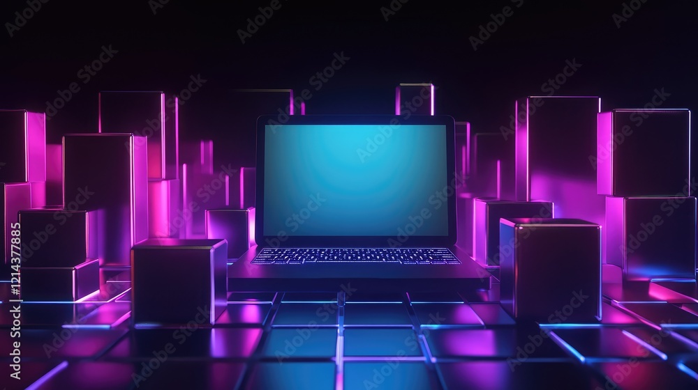 Poster digital workspace concept with a glowing keyboard and a blank laptop screen surrounded by space for 
