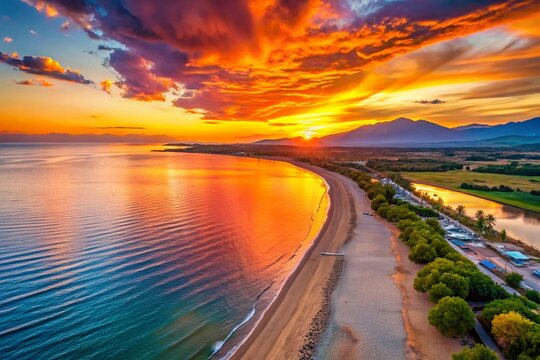 Kanali Beach Sunset, Preveza, Greece: Aerial View of Golden Hour Coastal Paradise