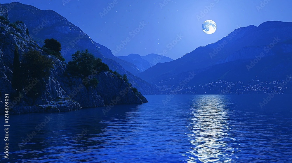 Wall mural Full moon over serene mountain lake at night.