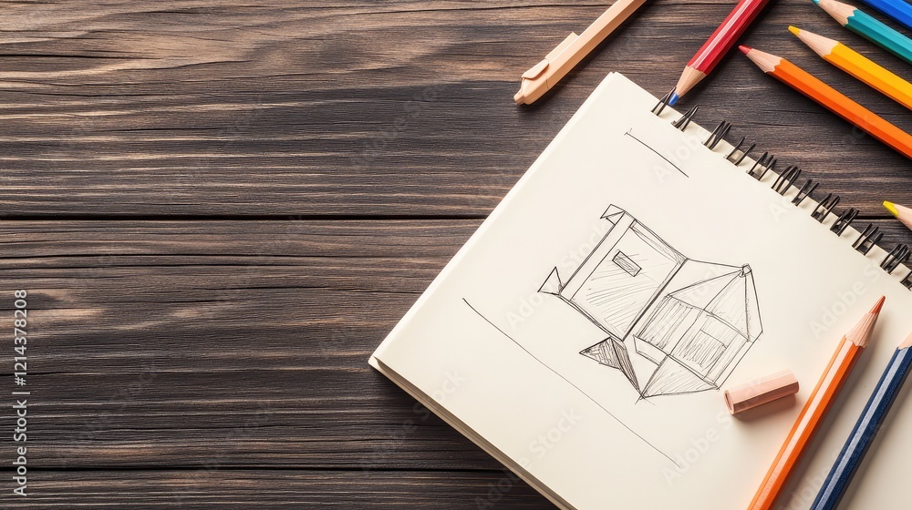 Poster flat lay of a notebook with product sketches, colored pencils, and an eraser on a wooden background 