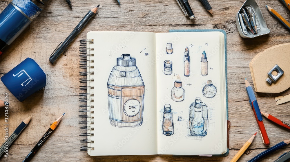 Poster flat lay of a notebook with product sketches, colored pencils, and an eraser on a wooden background 