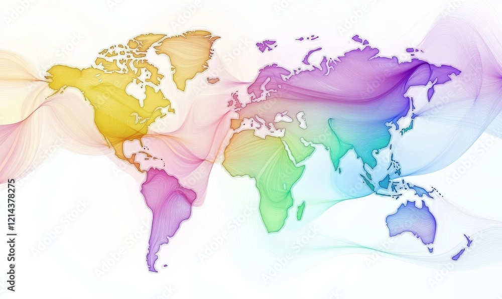 Poster colorful abstract world map design with dynamic flowing lines