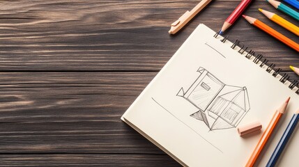 Flat lay of a notebook with product sketches, colored pencils, and an eraser on a wooden background with copy space.