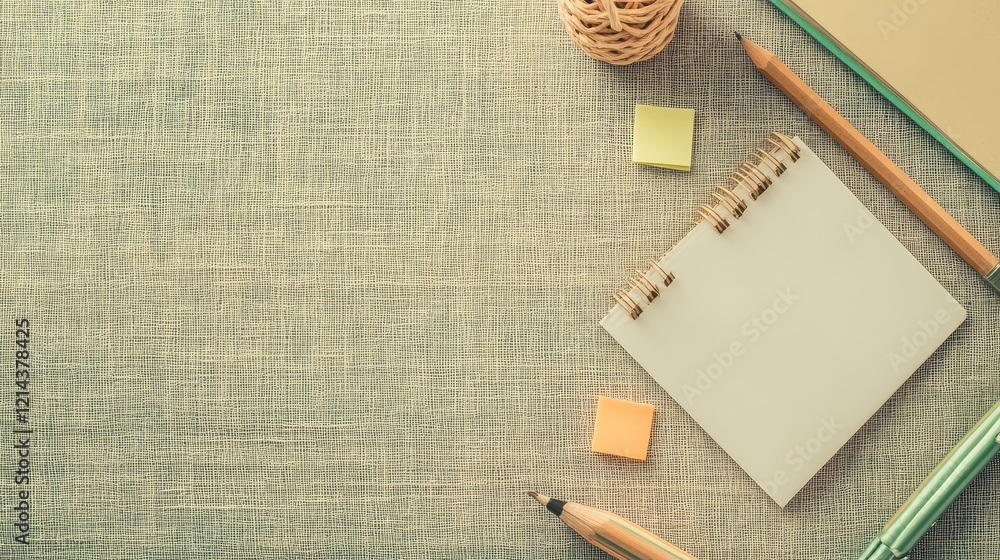 Poster flat lay of drafting tools, sticky notes, and a blank notepad on a textured background with copy spa
