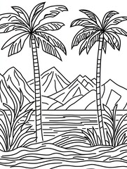 Tropical Island Scene With Palm Trees and Mountains