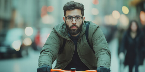 Man with a beard riding a bicycle in an urban setting with bokeh effect