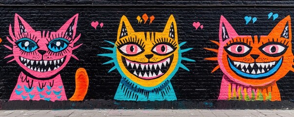 Obraz premium Vibrant Colorful Cat Graffiti Art Mural on Brick Wall Street Art