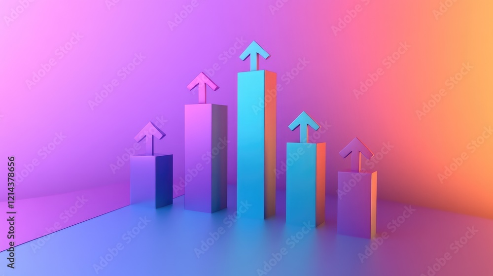 Poster minimalist d bar graph with arrows pointing upwards on a sleek gradient background, symbolizing busi