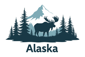 Alaska Denali Mountain with Pine Trees and Wildlife Vector Illustration