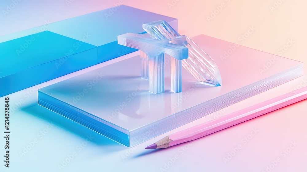 Poster minimal workspace with a d printed prototype, notebook, and pencil placed on a pastel surface with c