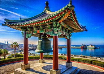Obraz premium Korean Friendship Bell, San Pedro Harbor, California: Panoramic View with High Depth of Field