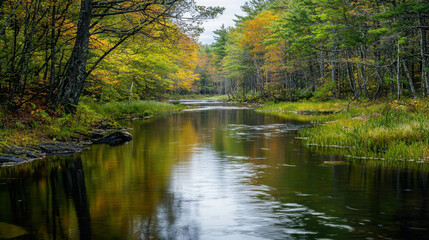Serene River Flowing Through Pristine Forest Surrounded by Vibrant Green and Autumn Colors