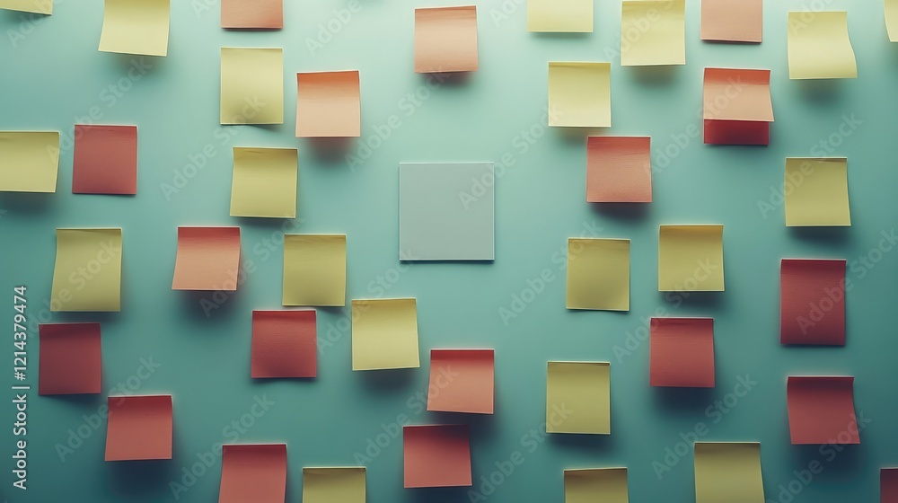 Poster top view of sticky notes arranged in a grid with one empty square in the center, ideal for business 