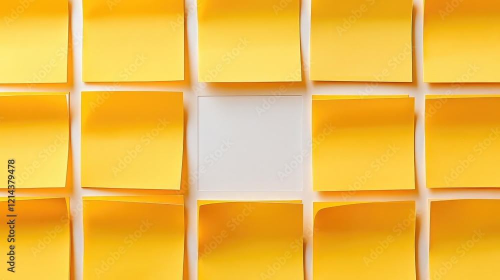 Poster top view of sticky notes arranged in a grid with one empty square in the center, ideal for business 