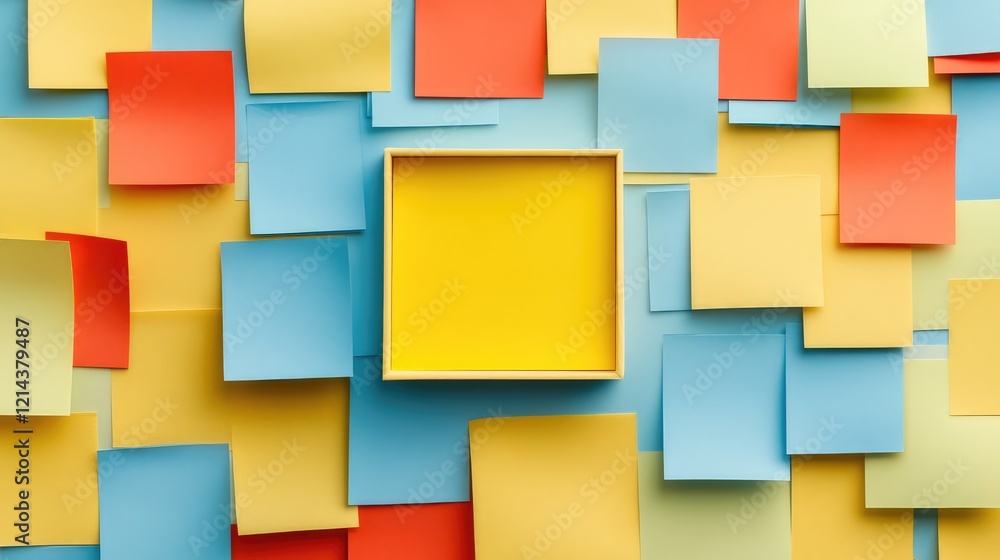 Poster top view of sticky notes arranged in a grid with one empty square in the center, ideal for business 