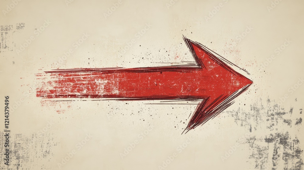 Poster red arrow pointing right, featuring a grunge texture effect against a textured background, symbolize