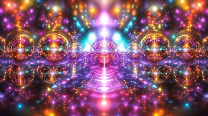 Fototapeta premium Colorful abstract design featuring glowing spheres and vibrant lights in a surreal cosmic setting. Generative AI