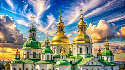 Kyiv Saint Sophia Cathedral Golden Domes Serene Sky Clouds Crosses Stock Photo
