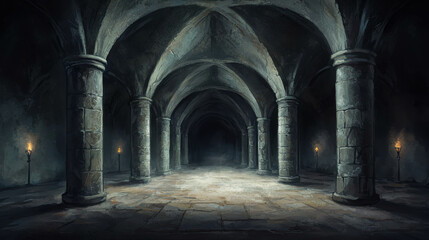 Fototapeta premium Exquisite Cavernous Underground Hall with Tall Crumbling Stone Columns and Mysterious Ambiance