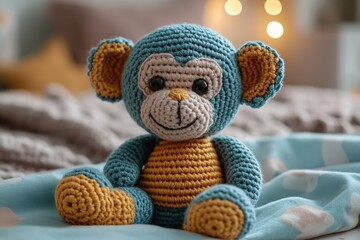 Crocheted monkey toy on blurred room background