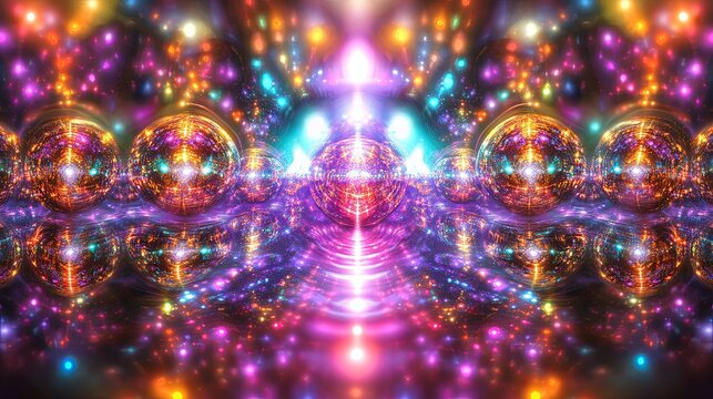 Colorful abstract design featuring glowing spheres and vibrant lights in a surreal cosmic setting. Generative AI