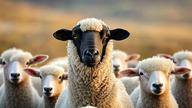 Picture a lone black sheep standing amongst a sea of white sheep, its unique coloration making it stand out in the crowd and drawing attention to its individuality.