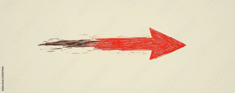Poster red arrow scribbled on a light brown background, dissolving behind as it moves forward, showing spee