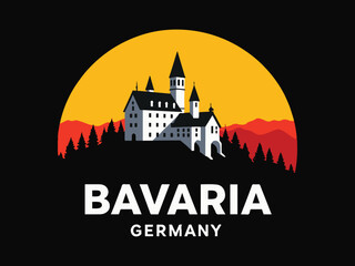 Castle on Mountain with Forest and Sunset in Bavaria Germany Vector Illustration