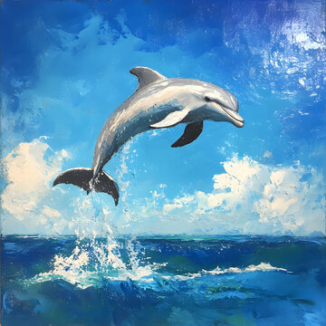 Dolphin's Leap of Joy: A vibrant painting captures a dolphin soaring gracefully through the air, its sleek body arcing against a backdrop of a bright blue sky and turquoise ocean.