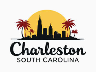 Fototapeta premium Charleston South Carolina Skyline with Palmetto Trees and Ocean Waves Vector Illustration