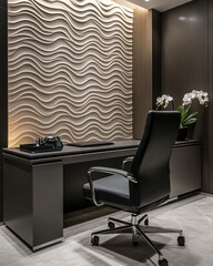 Modern executive office with sleek black furniture and textured wall design