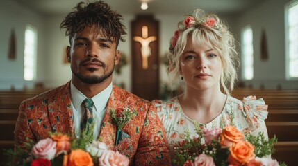 A stylish couple poses in a serene church setting, reflecting their commitment with vibrant blooms, showcasing love and joy as they embark on their marital journey together.