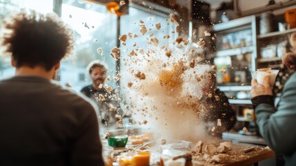A dramatic scene capturing a food explosion, with debris flying and expressions of surprise and joy, encapsulating a moment of chaotic culinary delight.