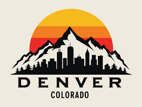 Denver Colorado Skyline with Rocky Mountains and Ski Slopes Vector Illustration