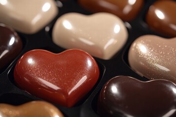 Fototapeta premium A stunning display of heart-shaped chocolates in soft pastels, suitable for gifting on romantic occasions or celebrations.